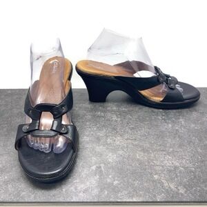 Clarks Black Leather Women's 11 M Slide Sandals Shoes‎ 3.5" Heel 89040